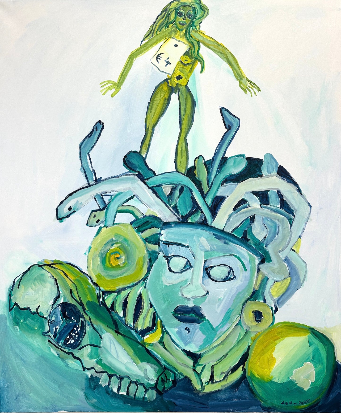 Stillleben mit Medusa, Barby und Tierschädel, 2025