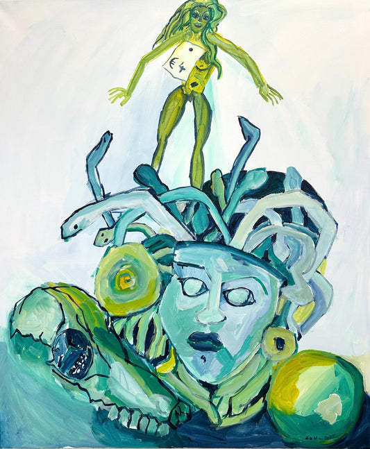 Stillleben mit Medusa, Barby und Tierschädel, 2025